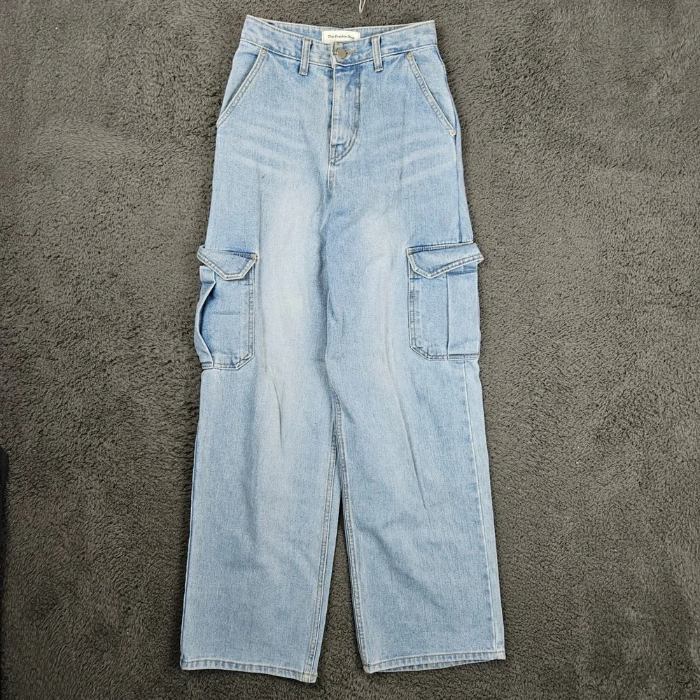 The Frankie Shop Womens Light Wash High Rise Wide Leg Cargo Jeans Size‎ S Blue